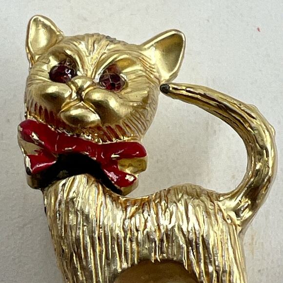 Siamese Cat Brooch Pin Gold Tone Moving Head Red Bow & Eyes Vintage 1950s MCM - Picture 5 of 5